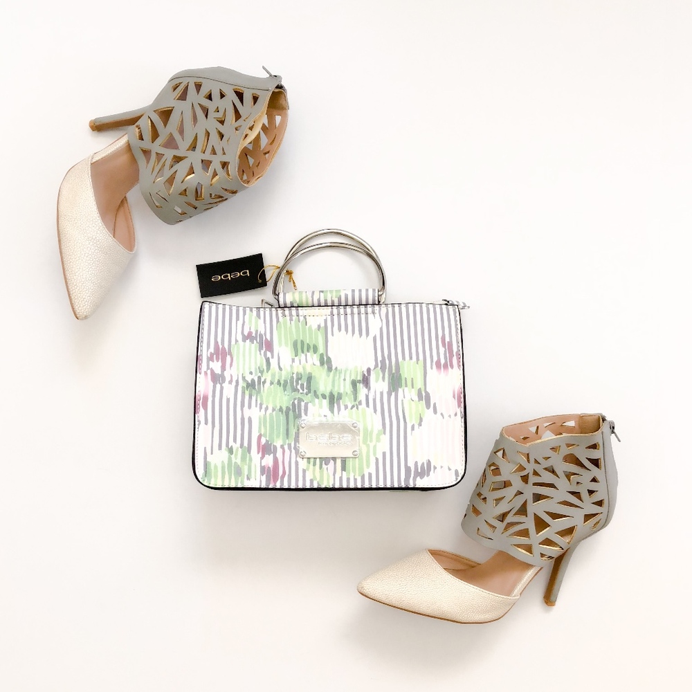 BEBE Ramie Stripe Floral Convertible Satchel